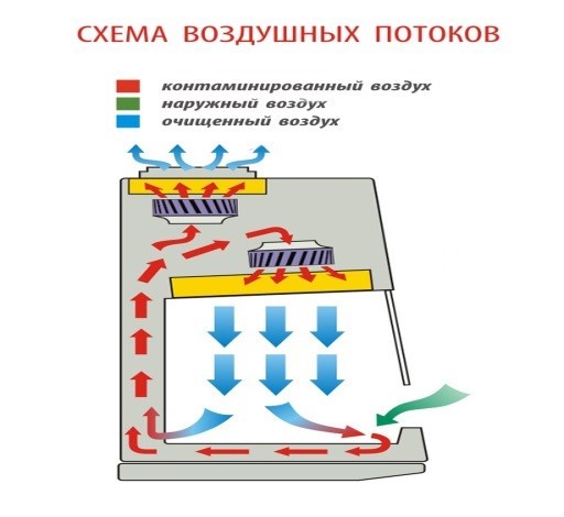 Бокс (шкаф) биологической безопасности, класс II (тип A2), вертикальный поток, ширина рабочей поверхности  150 см,  ВА safe-1,5 с подставкой, схема воздушных потоков