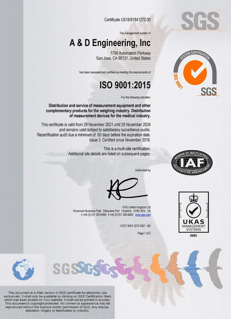 Сертификат ISO 9001:2015 компании A&D (AND)