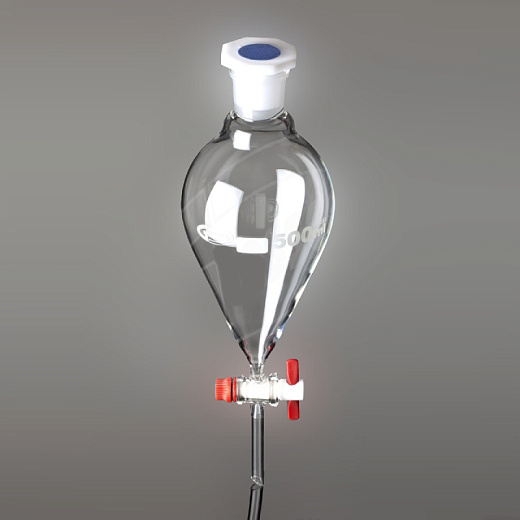 Воронка делительная, 250 мл, грушевидная, шлиф 29/32, запорный кран из PTFE, пробка ПП, 1 шт./уп., Glassco