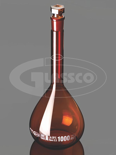 Колба мерная, класс А, темное БС, с одной отметкой, индивидуальный сертификат, пробка БС, 1 шт./уп., Glassco, Индия