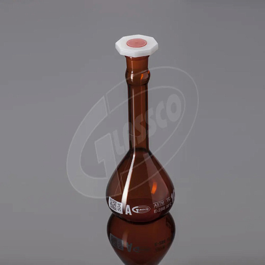 Колба мерная, класс А, темное БС, с одной отметкой, с пробкой РЕ, индивидуальный сертификат, 1 шт./уп., Glassco, Индия