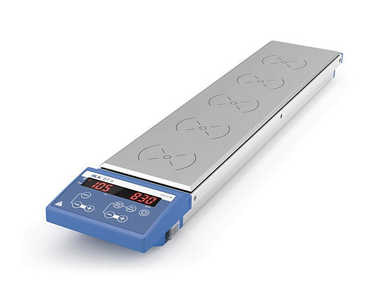 Мешалка магнитная, объём по воде 2 л, 5 мест, платформа 110×495 мм, нагрев до 120 °С, 1000 об/мин, RT 5, IKA