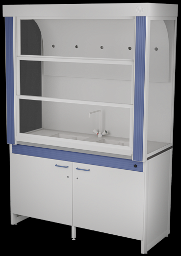 Шкаф вытяжной для мытья посуды, ширина 120 см, корпус – металл, столешница – полипропилен, боковые панели – стекло