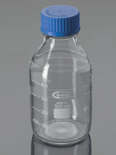 Бутыль 1000 мл, БС до 500 °С, GL45, с завинчивающейся ПП крышкой, круглая, светлое стекло, Glassco