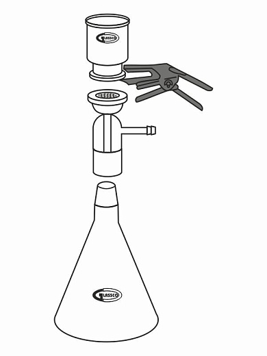 Фильтрующая установка, боросил. стекло d 47 мм, алюм. зажим, воронка 300 мл, подложка из фриттованного стекла, Glassco, Индия (схема)