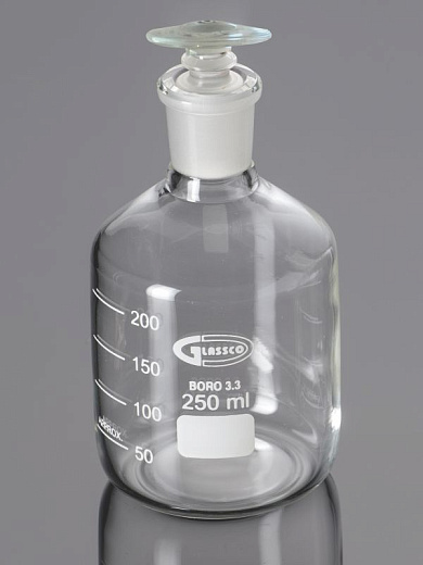 Бутыль 60 мл, БС до 500 °С, со шлифом и стеклян. пробкой, круглая, светлое стекло, 10 шт./уп., Glassco