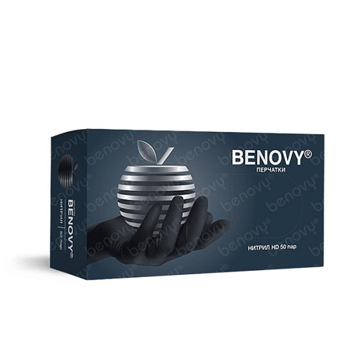 Перчатки нитриловые, длина 24 см, особопрочные, черные, Benovy, 50 пар/уп., Китай