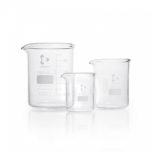 Стакан 250 мл стеклянный, с носиком и упрочненным краем, градуировка, низкий, 95х70 мм, 10 штуп, Duran (DWK)