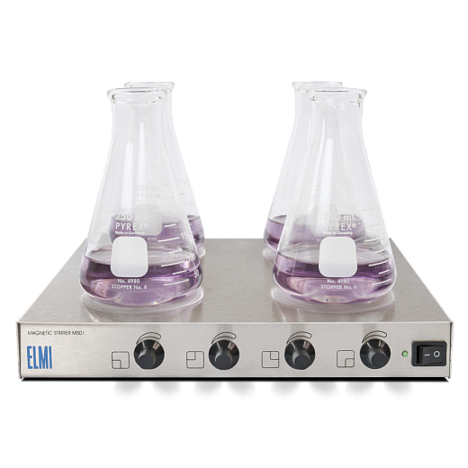 Магнитная мешалка без нагрева, объем по воде 2 л на 1 место, платформа 210х270 мм, 80-1500 об/мин, 4 места, с колбами, MS-01, Elmi