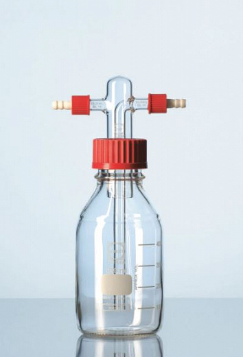 Склянка для промывания газов с винтовой крышкой, 500 мл, горловина 45 GL, d трубок 9 мм, боросиликатное стекло