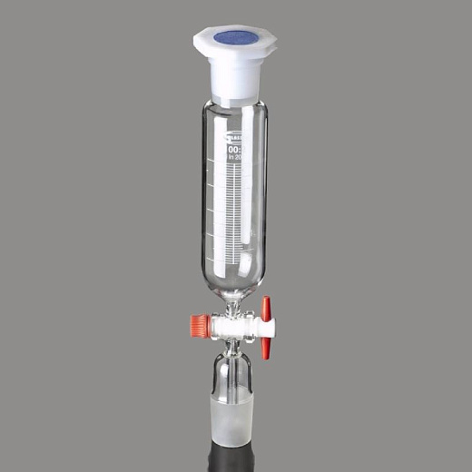 Воронка капельная, 50 мл, цилиндрическая, шлиф 29/32, запорный кран из PTFE, со стержнем внутри конуса, пробка ПП, 1 шт./уп., Glassco